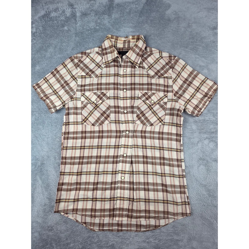Express Brown Beige Plaid Western Pearl Snap Short Sleeve Shirt Mens Size Small